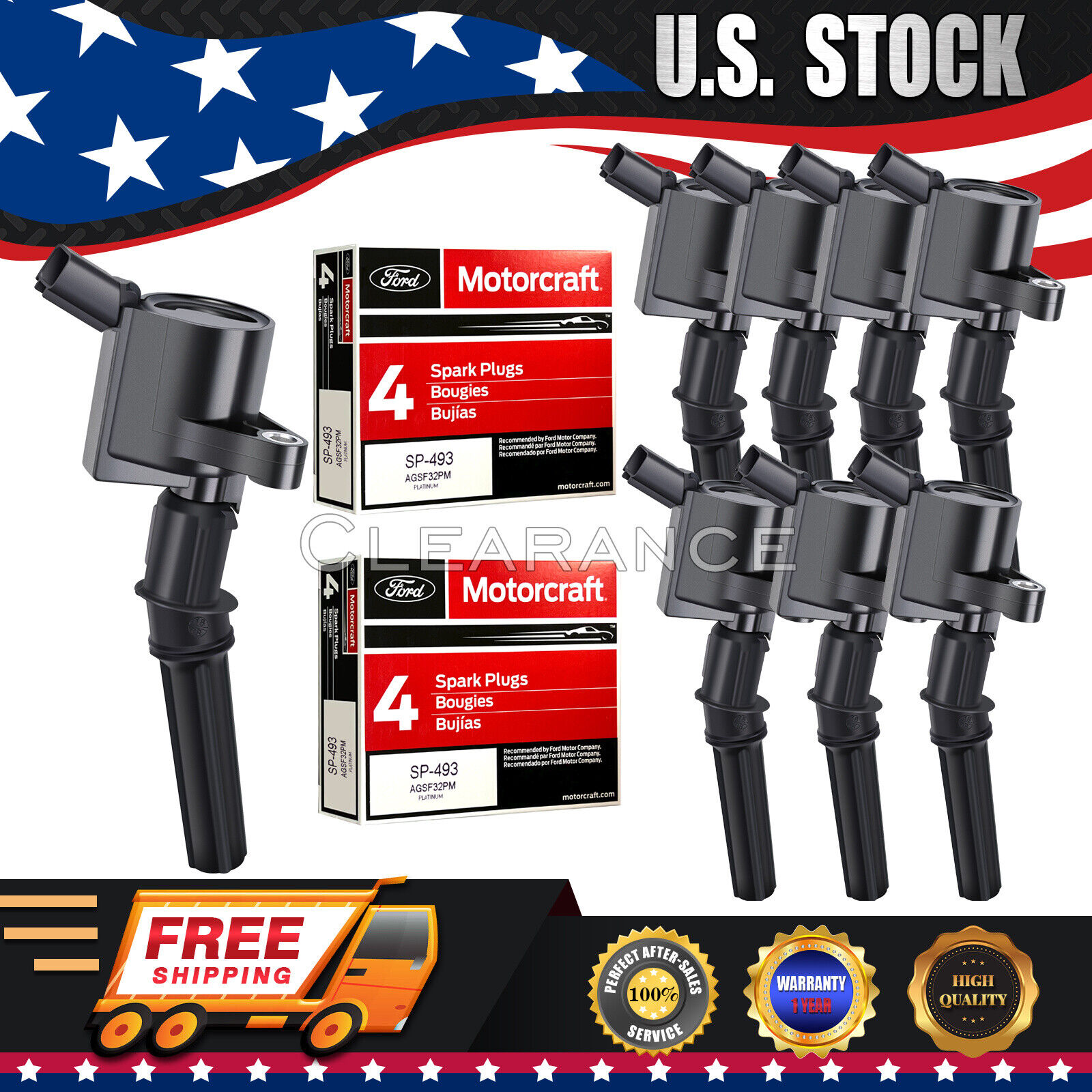 Set of 8 Ignition Coils For Ford Lincoln DG508 & 8 Motorcraft Spark Plugs SP493