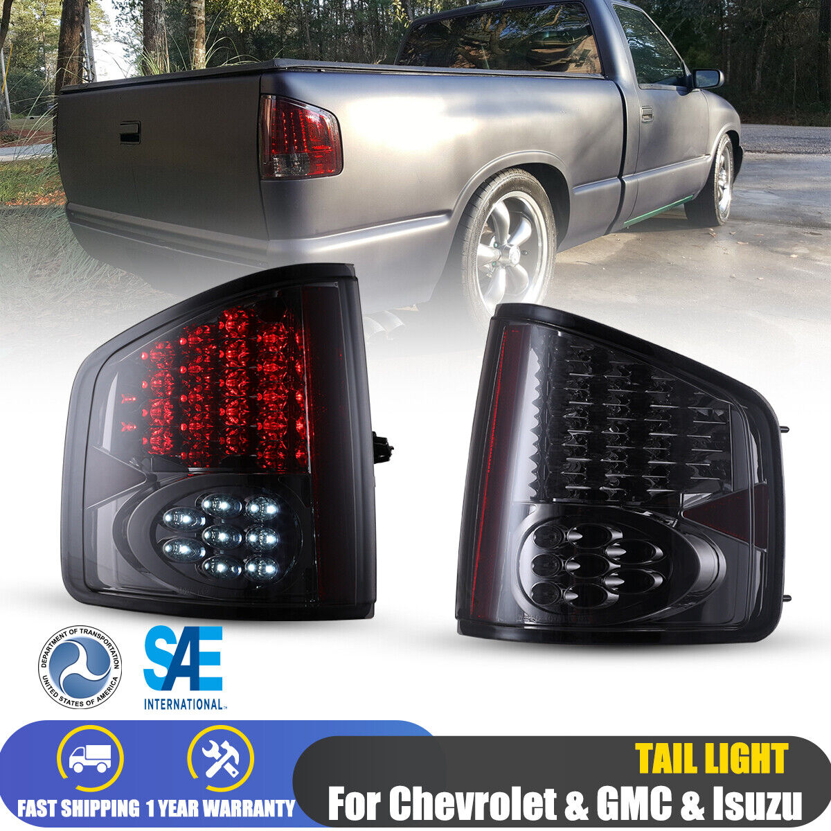 LED Tail Lights for 1994-2004 Chevy S10/GMC Sonoma Isuzu Black Smoke Rear Lamps