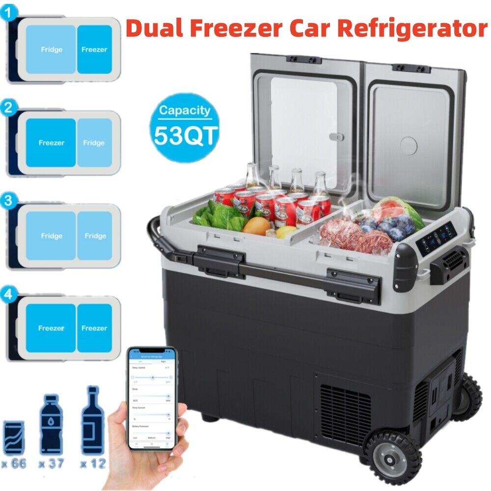 12V Dual Freezer Portable Refrigerator 53 Quart Car RV Fridge WIFI APP Control 