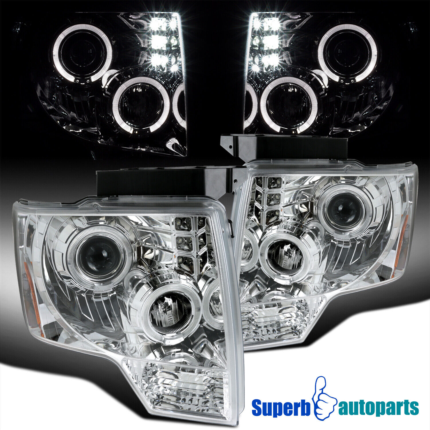Fits 2009-2014 Ford F150 Dual Halo Projector Headlights LED Bar Lamps Pair 09-14