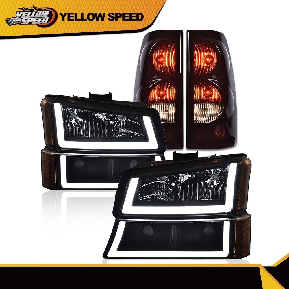 Fit For 2003-2006 Silverado Amber LED DRL Black Housing Headlight + Tail Lights