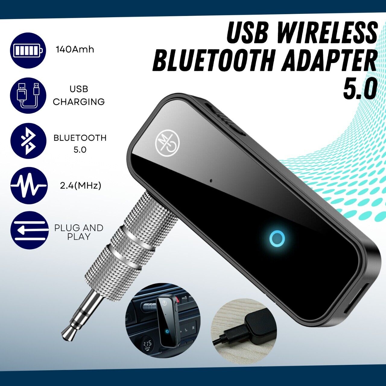 Bluetooth 5.0 USB Wireless Transmitter Receiver 2in1 Audio Adapter 3.5mm Aux Car