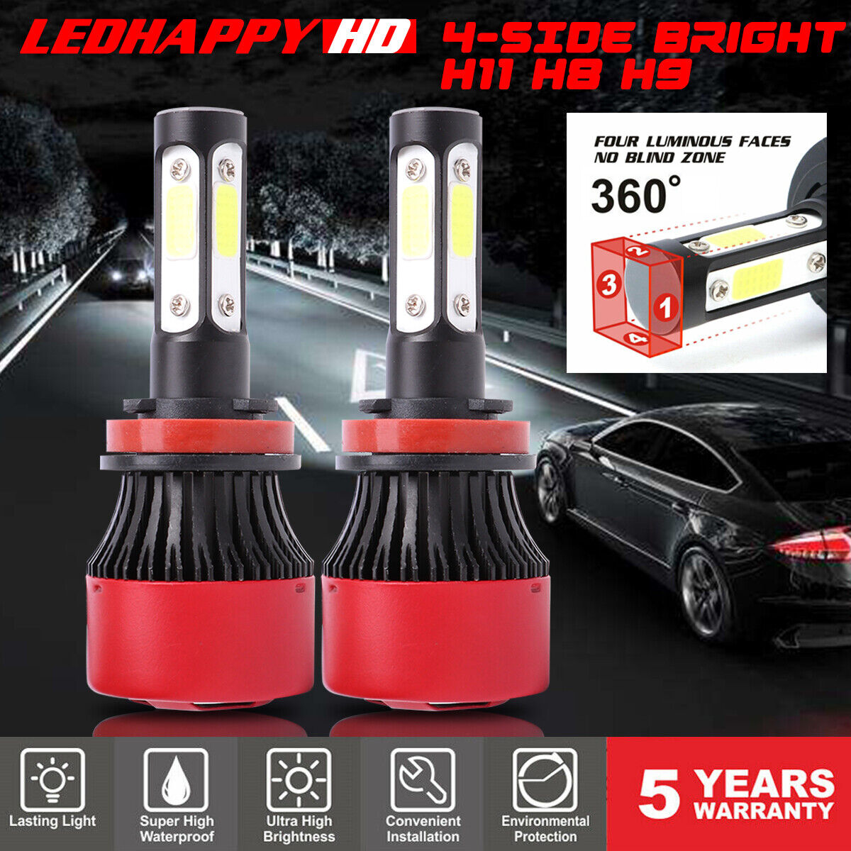 4-Side H11 H8 H9 LED Headlight Bulbs 60W 7600LM Hi-Low Beam Conversion Fog Light