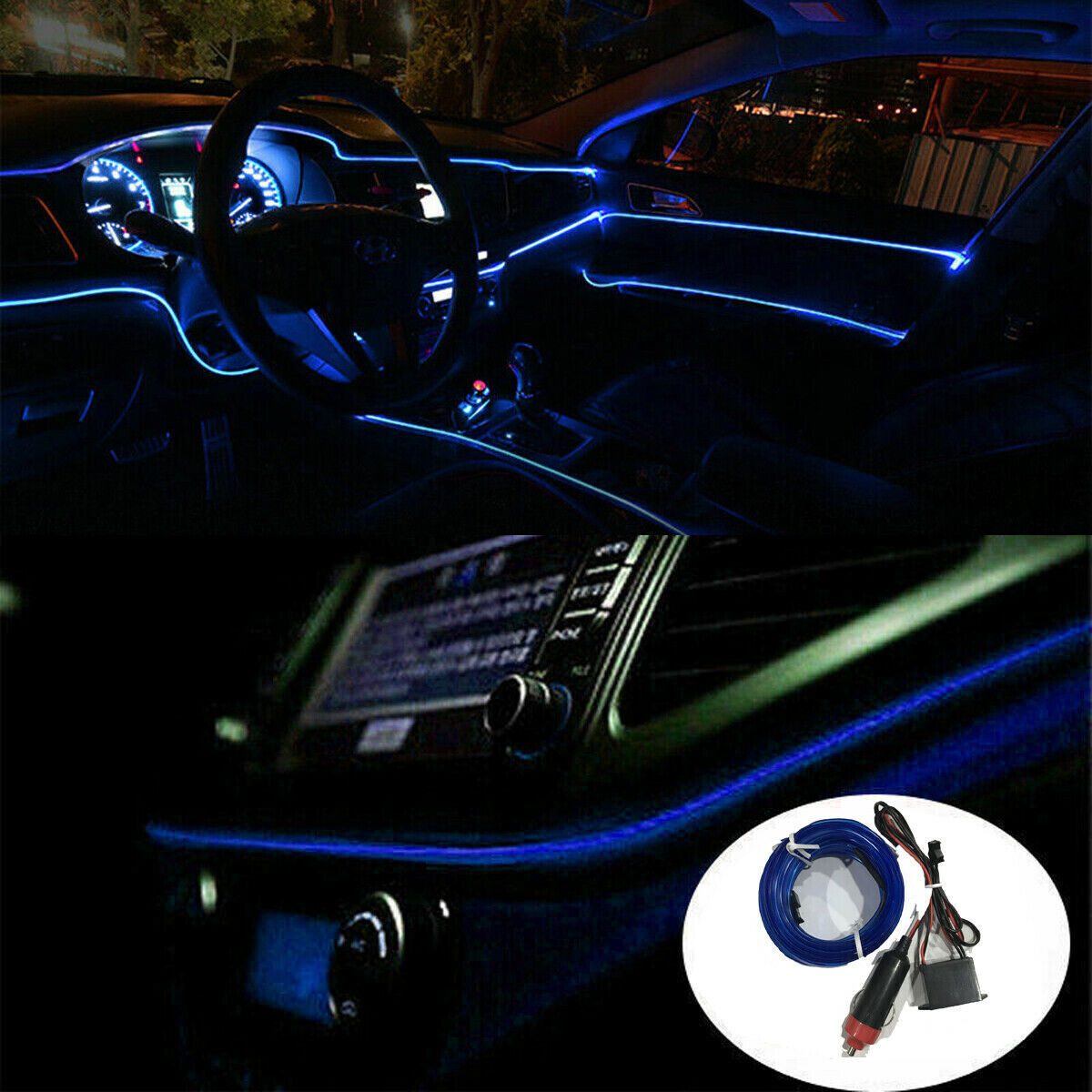2m Blue Auto Car Interior Atmosphere Wire Strip Light LED Decor Lamp Accessories