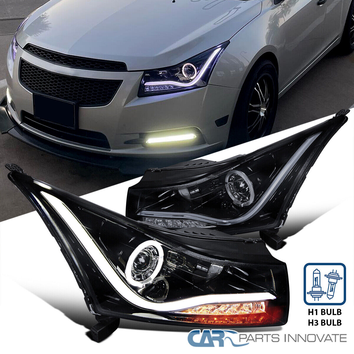 Fits 11-15 Cruze Halo Glossy Black Projector Headlights+Signal Lamps LED DRL Bar