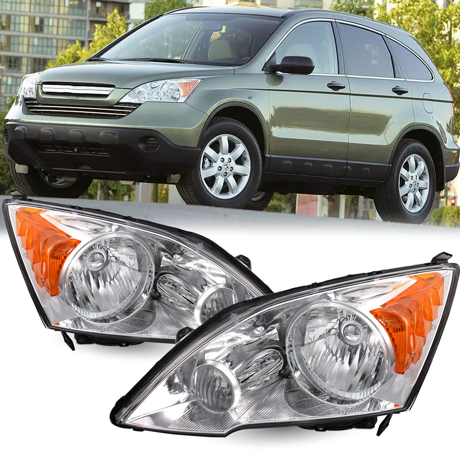 For 2007-2011 Honda CRV CR-V Chrome Headlight Replacement Amber Corner Headlamps