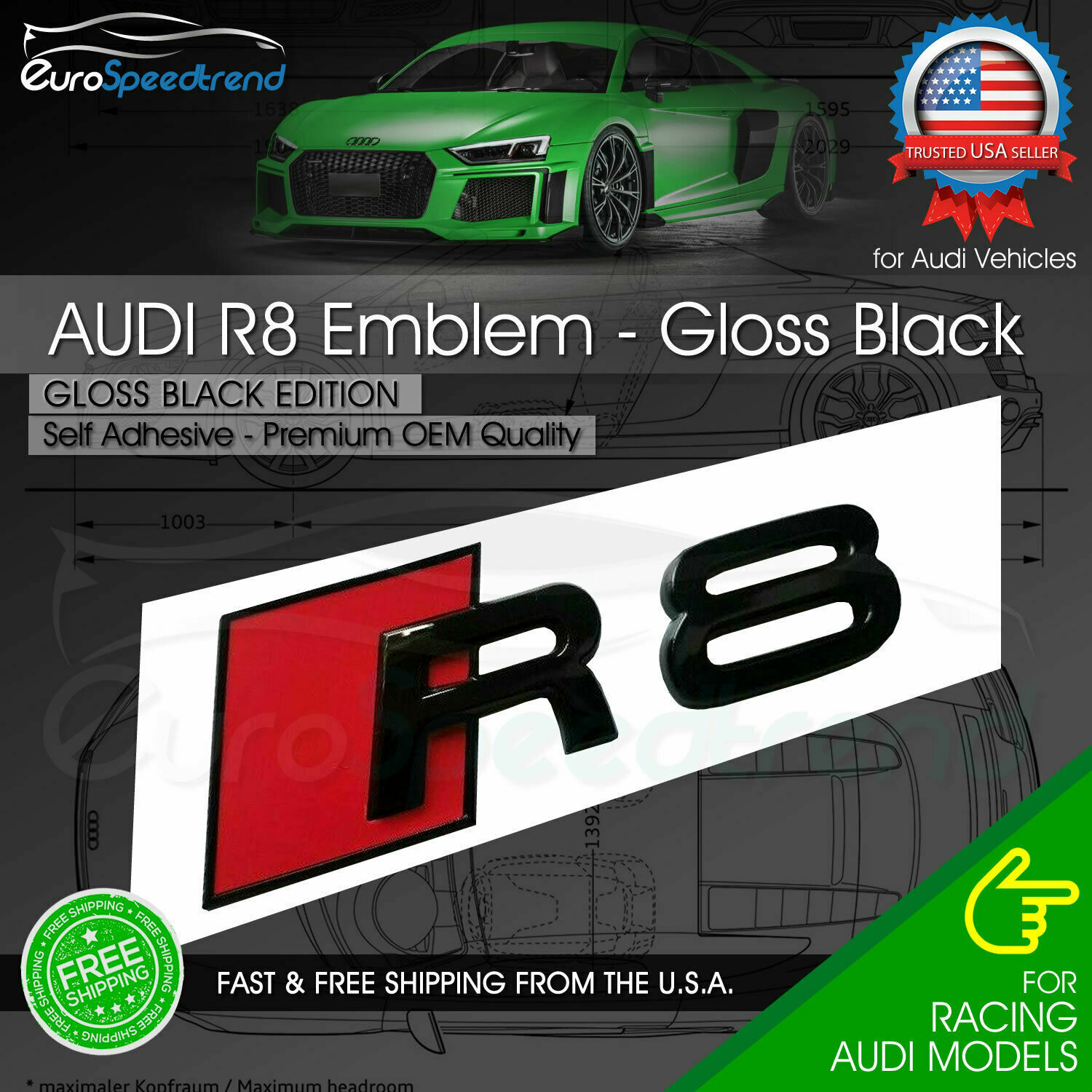 Audi R8 Gloss Black Emblem 3D Badge Rear Trunk Lid for Audi S Line Logo Modified