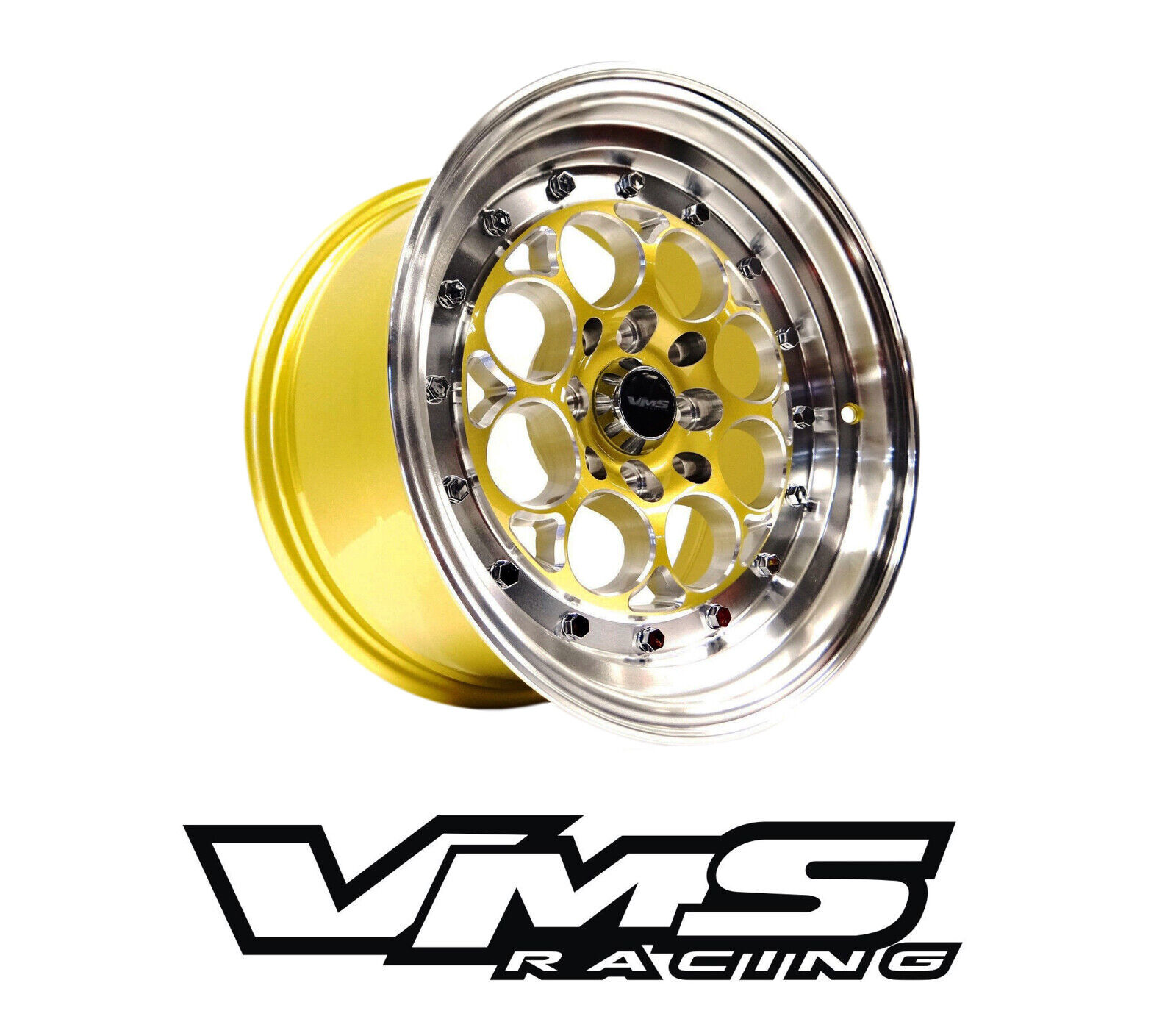 VMS Racing Revolver Gold Polished Lip Rim Wheel 15x8 4X114.3 +20 Offset VWRE003