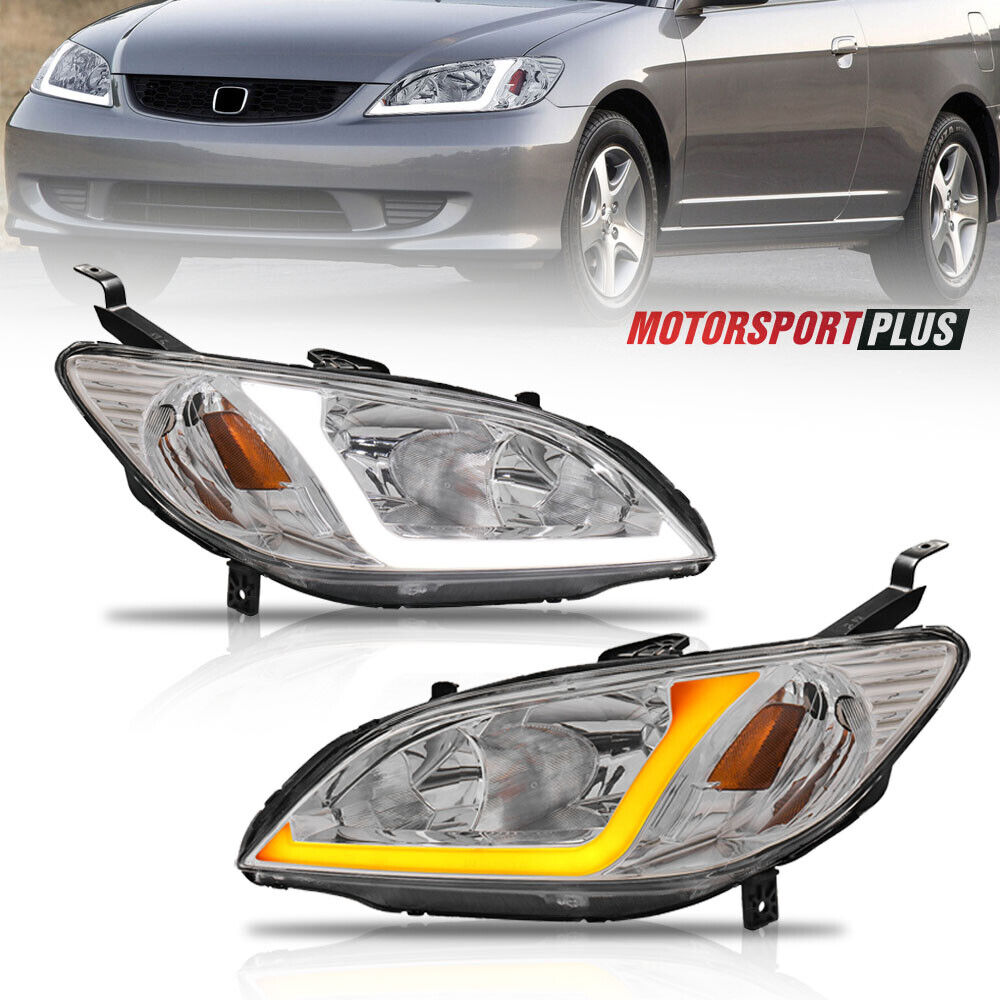 Pair Chrome Headlights LED DRL & Dynamic Signal For 2004 2005 Honda Civic