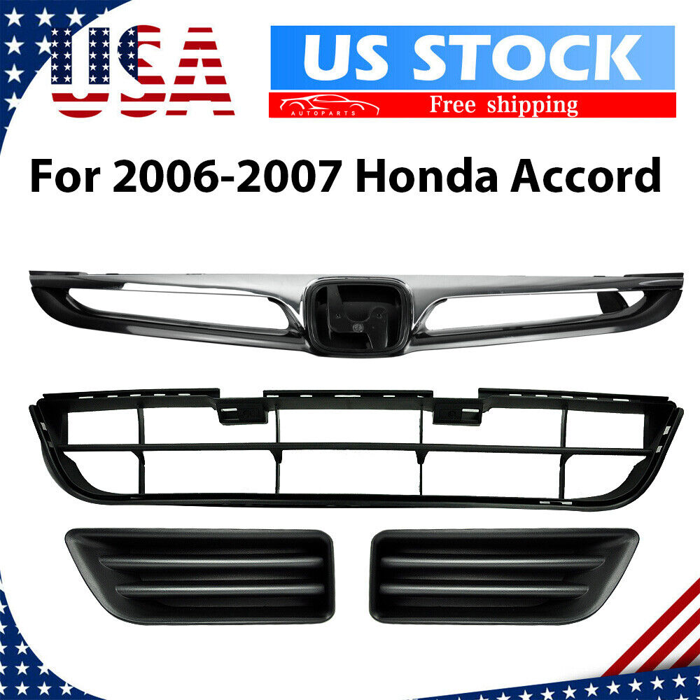 For 2006 2007 Honda Accord 4DR Front Upper Lower Grille and Fog Light Covers Set