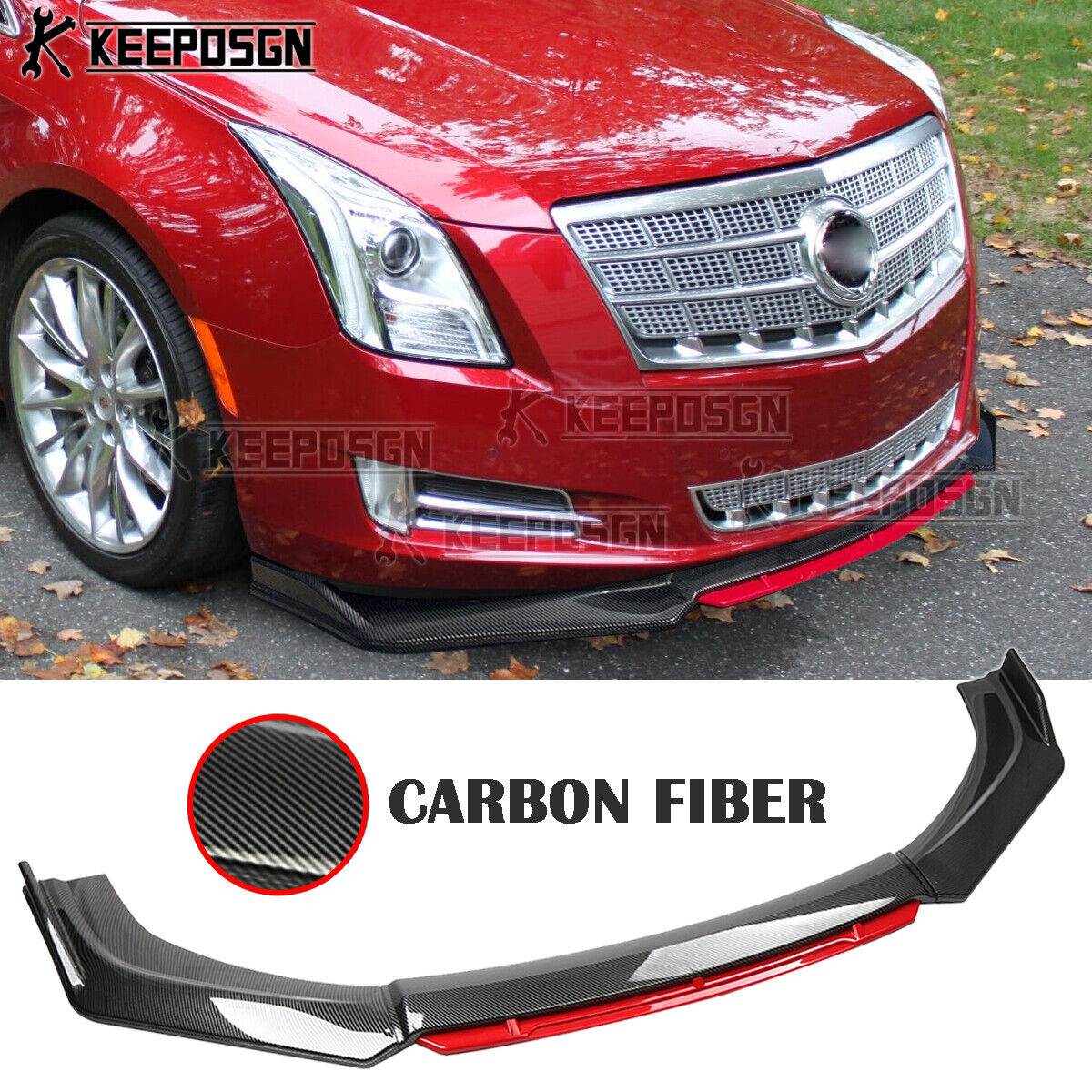 Carbon&Red Front Bumper Lip Splitter Spoiler Body Kit For CADILLAC XTS 2013-2019