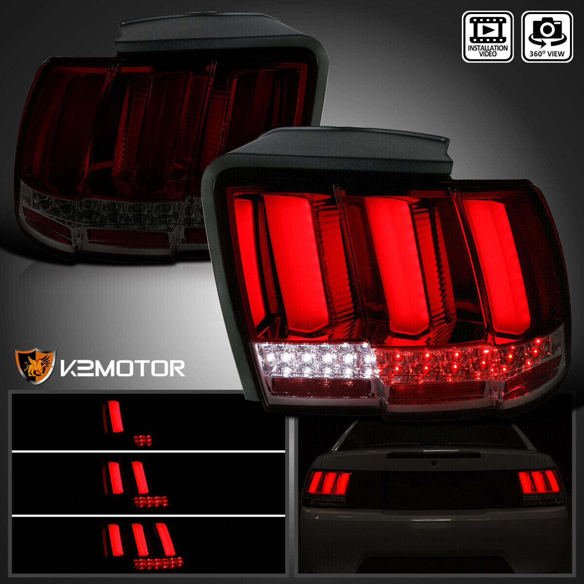 Red/Smoke Fits 1999-2004 Ford Mustang Sequential Signal Tube LED Tail Lights