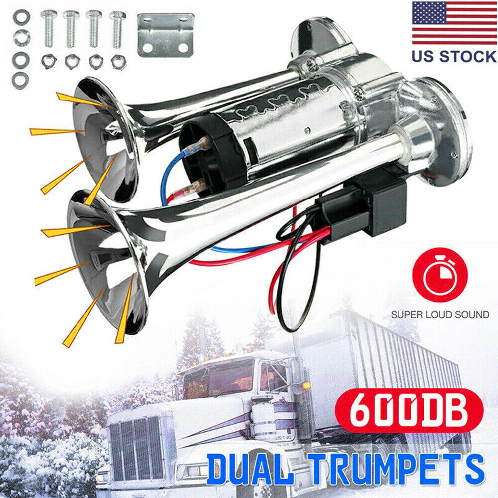 600DB 12V Dual Trumpet Car Air Horn w/ Compressor Kit SUV RV Train Speaker
