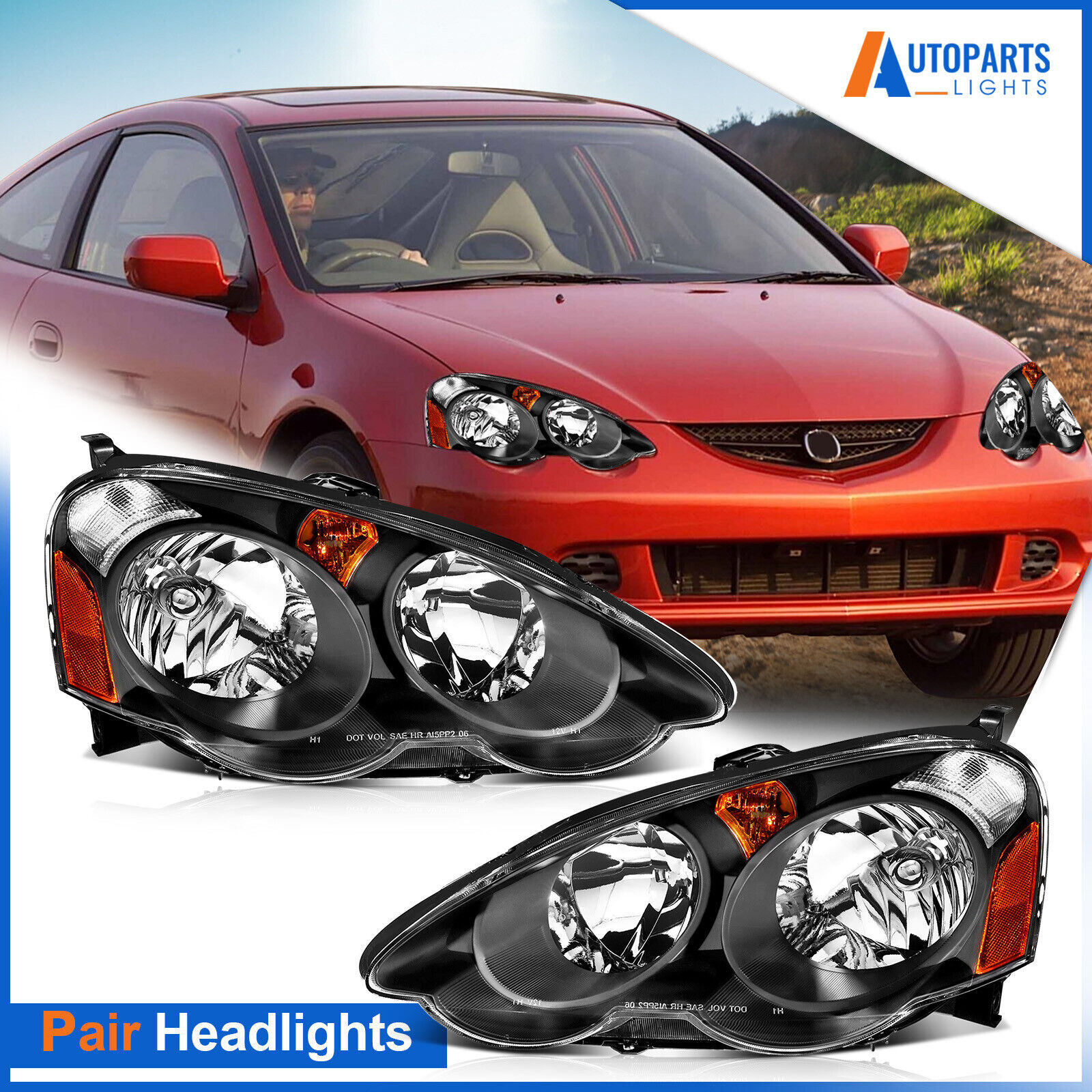 For 2002-2004 Acura RSX DC5 Black Housing Headlight Assembly Left & Right Pair
