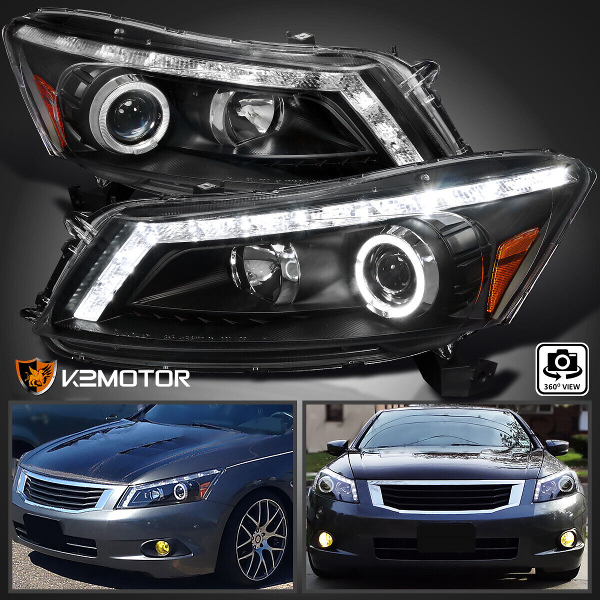 Fits 2008-2012 Honda Accord 4Dr Sedan LED Halo Black Projector Headlights Lamps