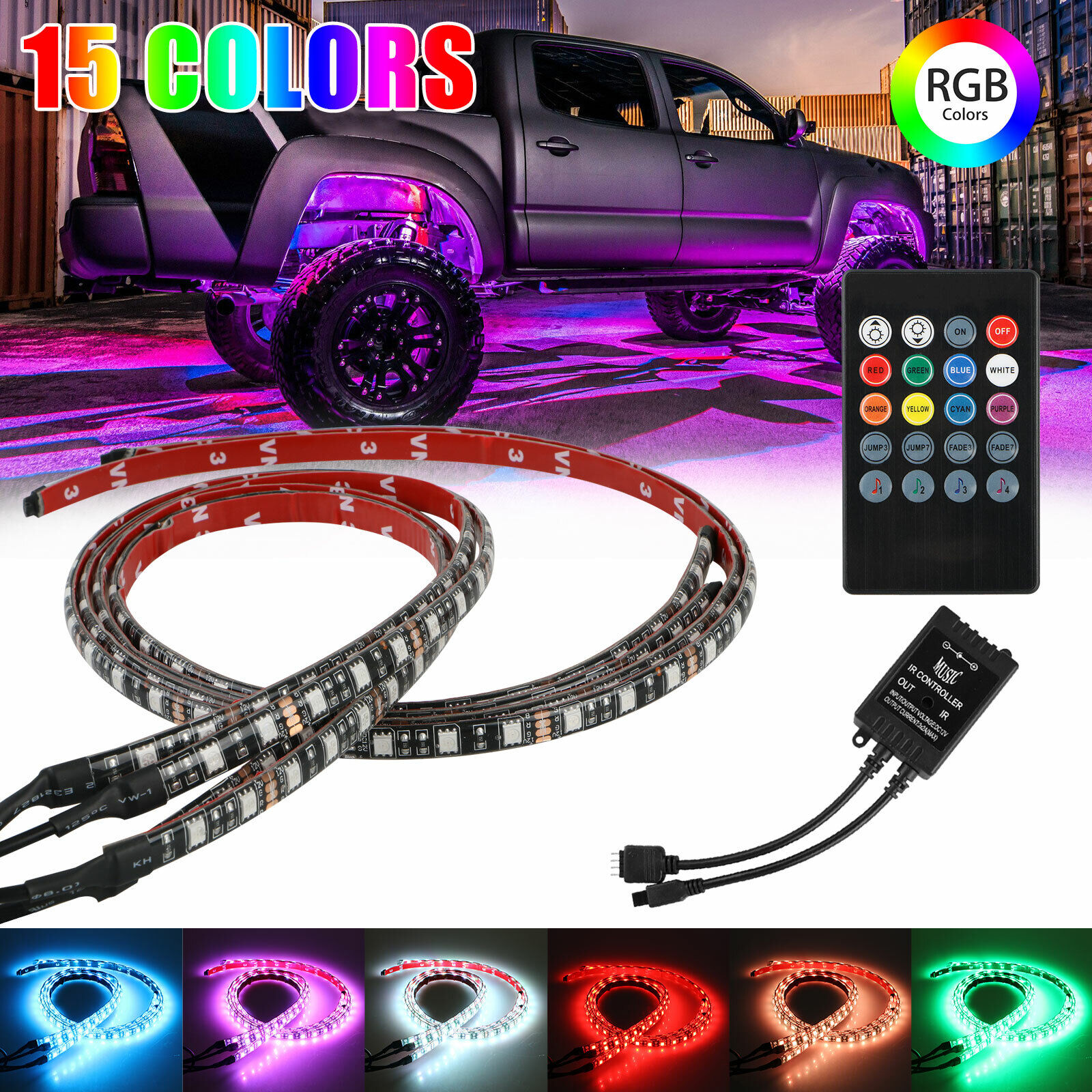 4Pcs RGB 48 LED Strip Under Car Tube Underglow Underbody System Neon Light Kit