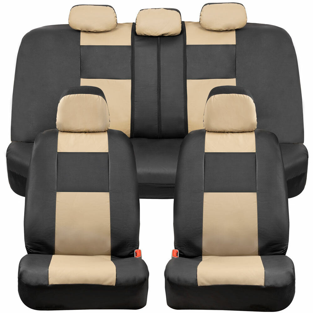 BDK Two-Tone PU Leather Car Seat Covers Full Set Front & Rear - Black & Tan