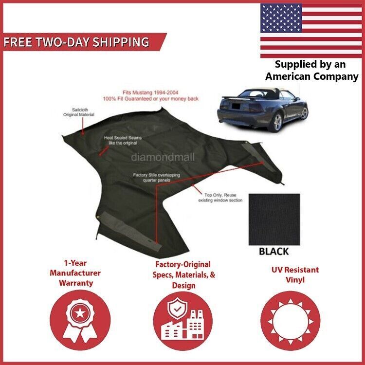 Fits Ford Mustang Convertible Soft Top (Top Section Only) BLACK Sailcloth 94-04