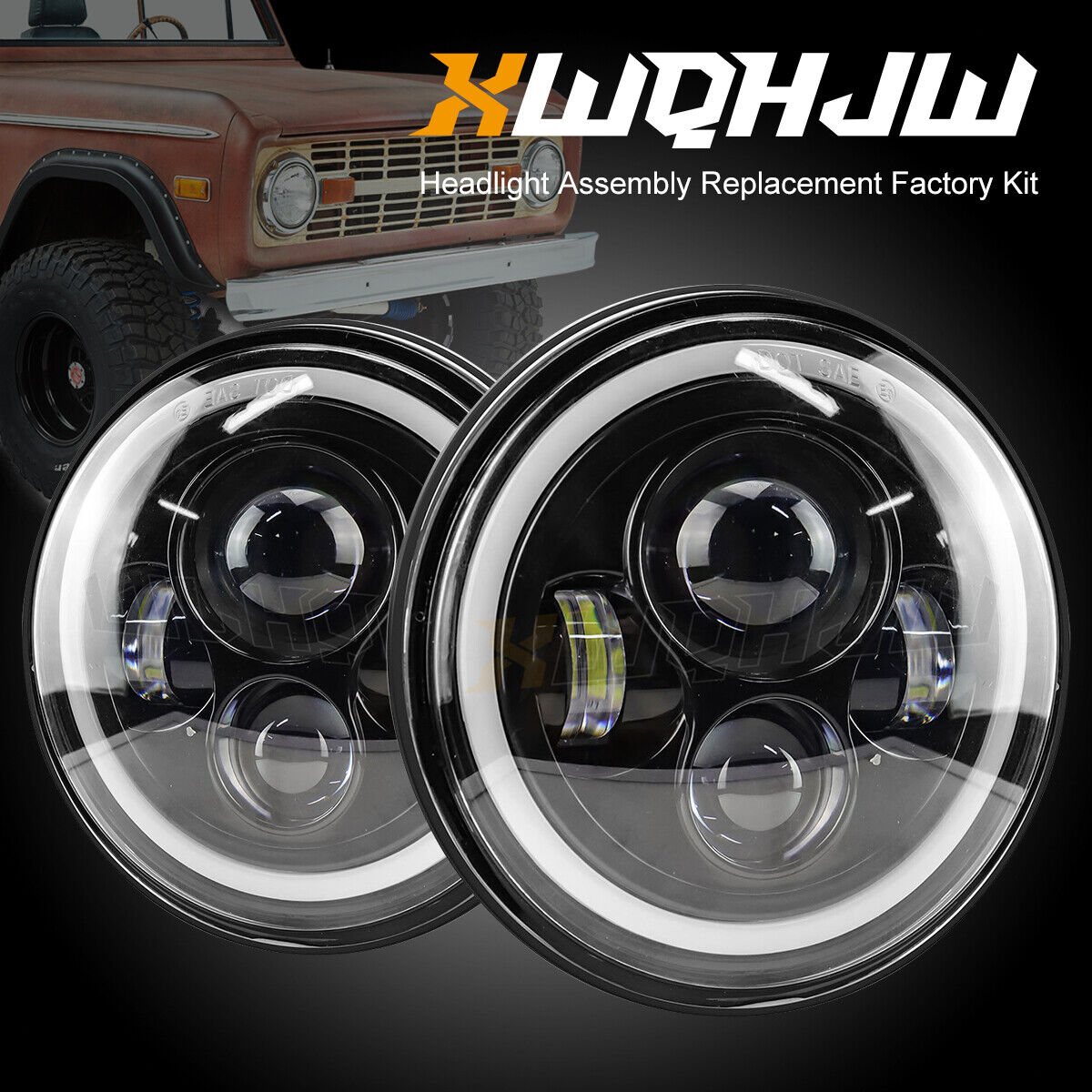 Pair 7 inch Round Hi/Lo Beam LED Headlights Chrome for 1966-1978 Ford Bronco