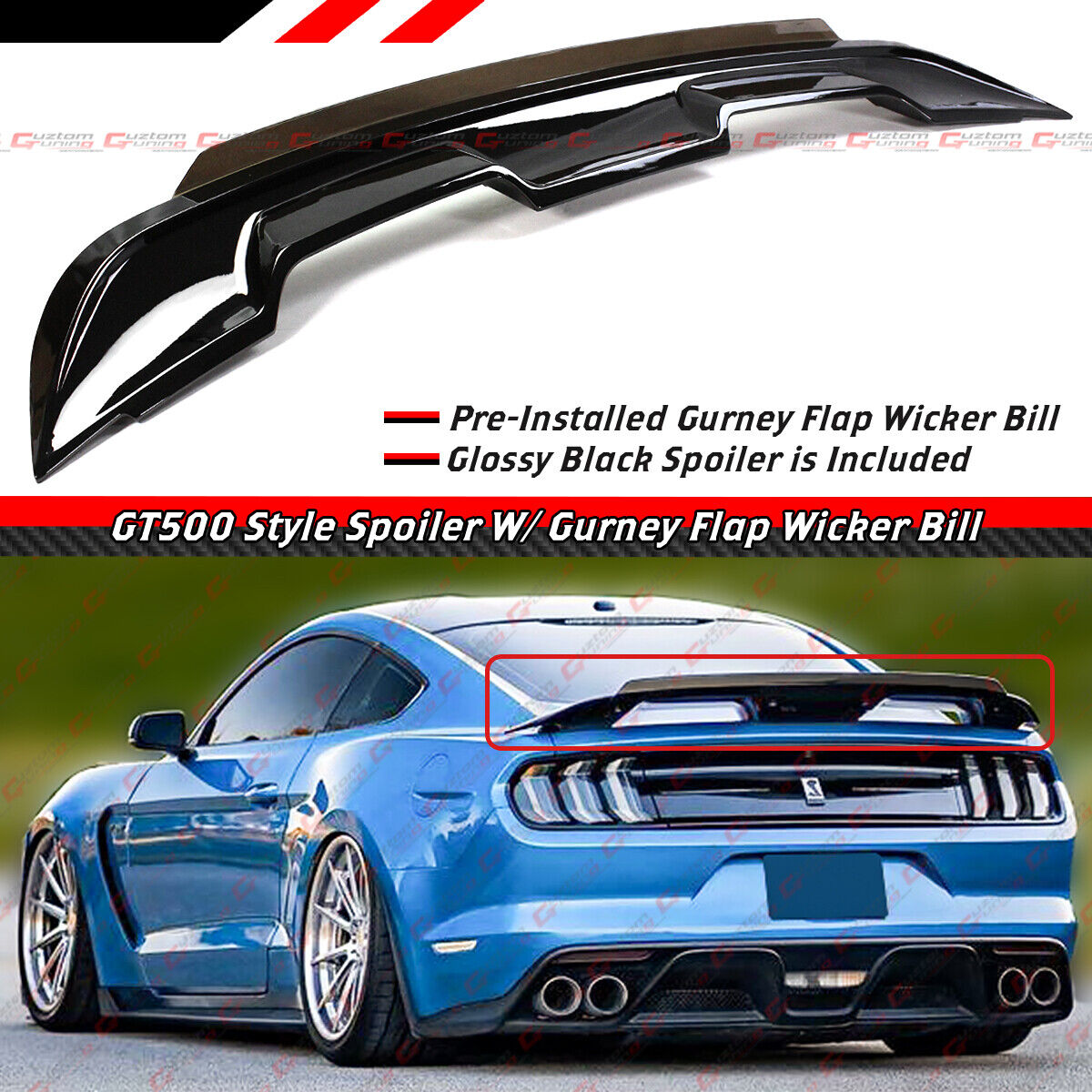 For 2015-2022 Ford Mustang GT500 Style Spoiler W/ Smoke Gurney Flap Wicker Bill
