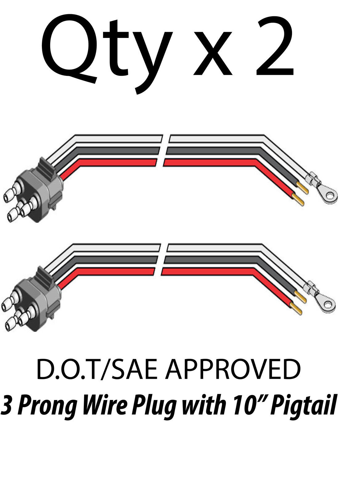3 Prong Pigtail Wire Plug for Truck Trailer Stop Turn Tail Lights - Qty 2