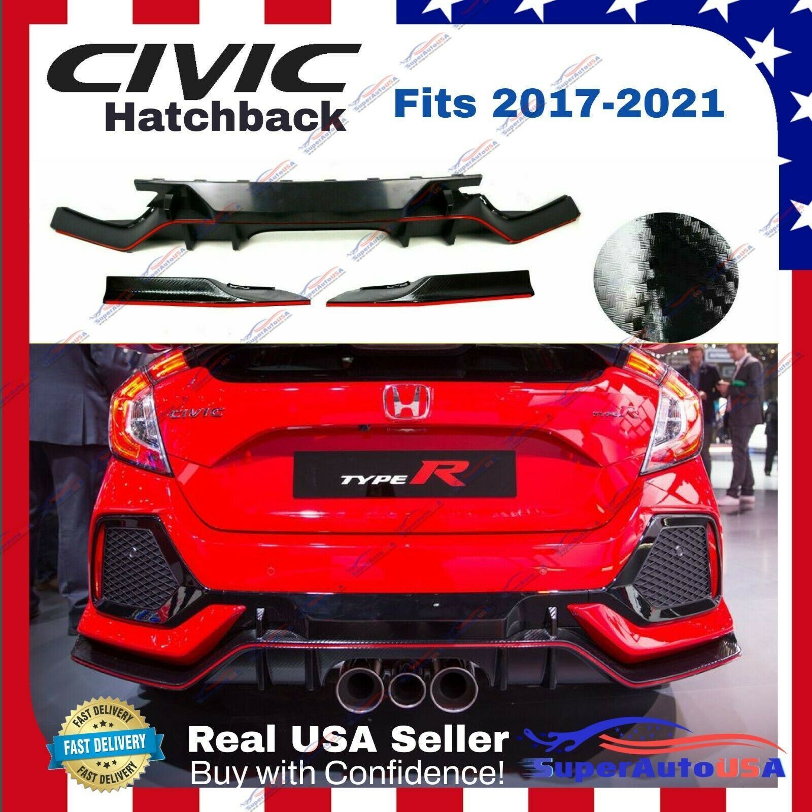 Fit 17-21 Honda Civic Hatchback Type-R Style Carbon Pattern Red Rear Diffuser