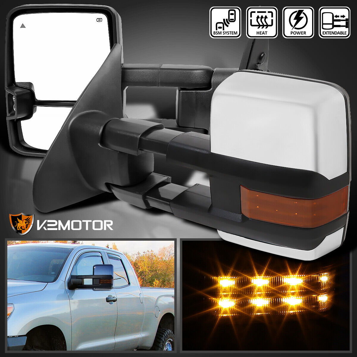 Fits 2007-2021 Toyota Tundra Chrome Power Heated Tow Mirrors+LED Signal+Blind