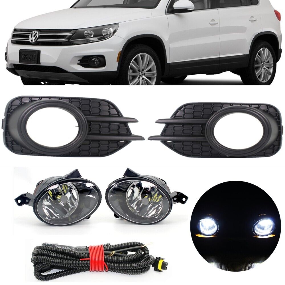 Front Clean Lens LED Fog Light Lamp+Grille+Wire For VW Tiguan 2012-2017 USA Type