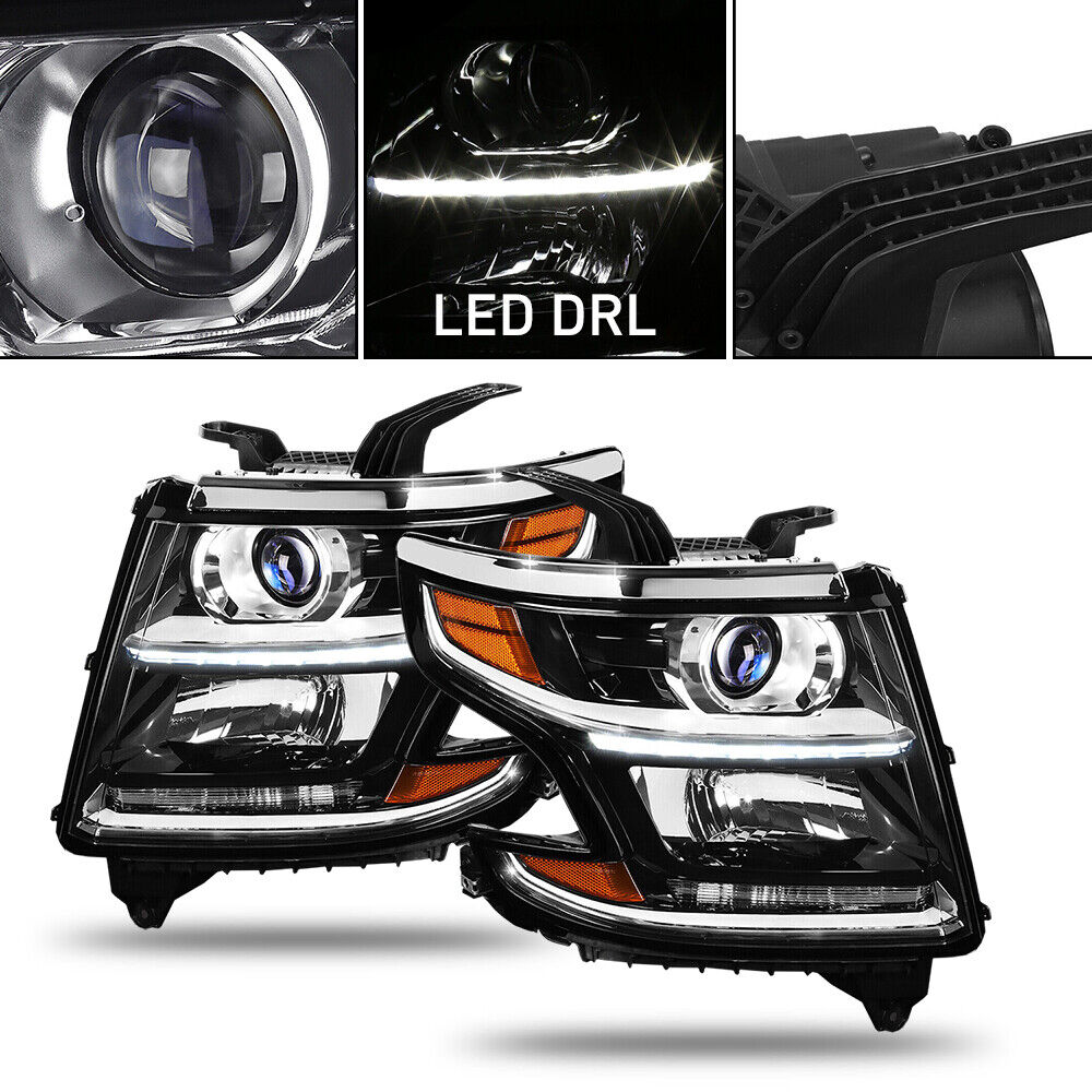 Black Fits 2015-2020 Chevy Tahoe Suburban LED Strip Projector Headlights Lamps