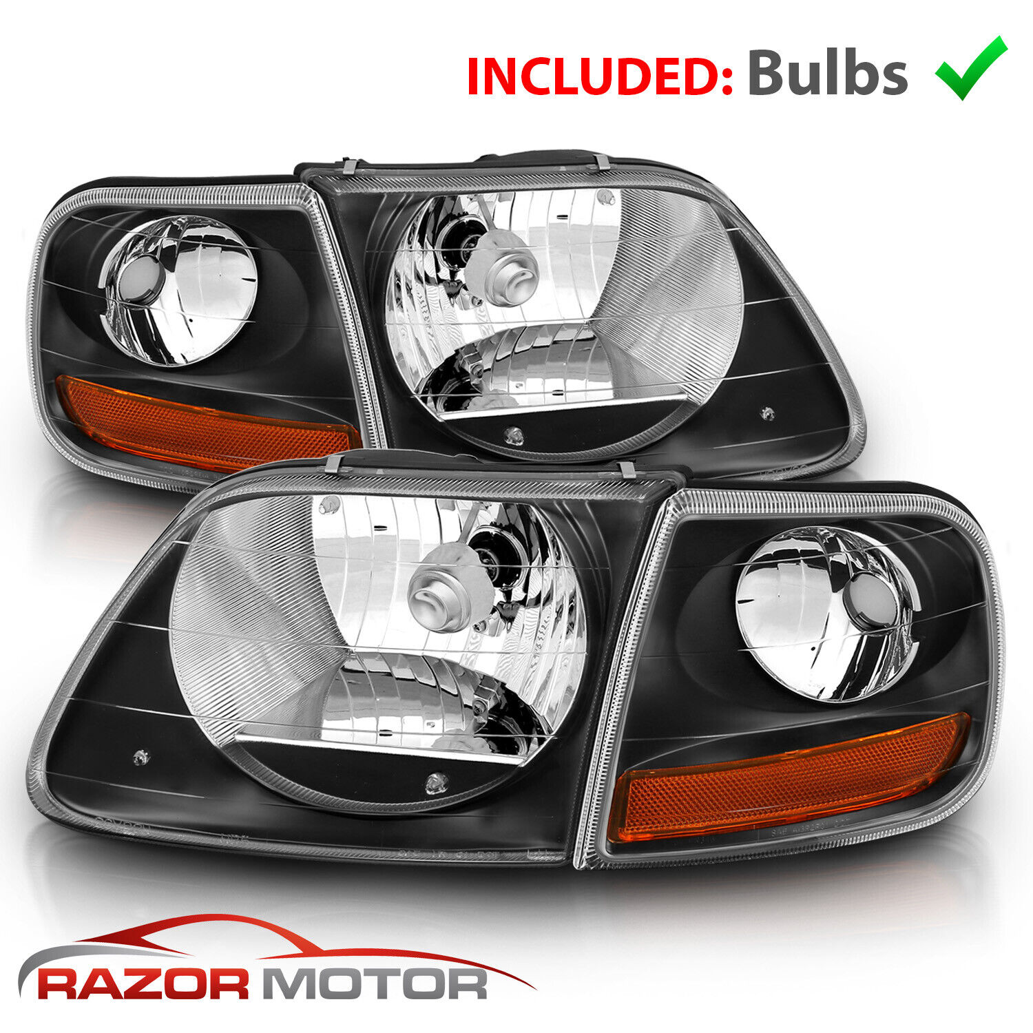 For 97-03/02 Ford F150/ Expedition Lightning Style Black Headlight + Corner Pair