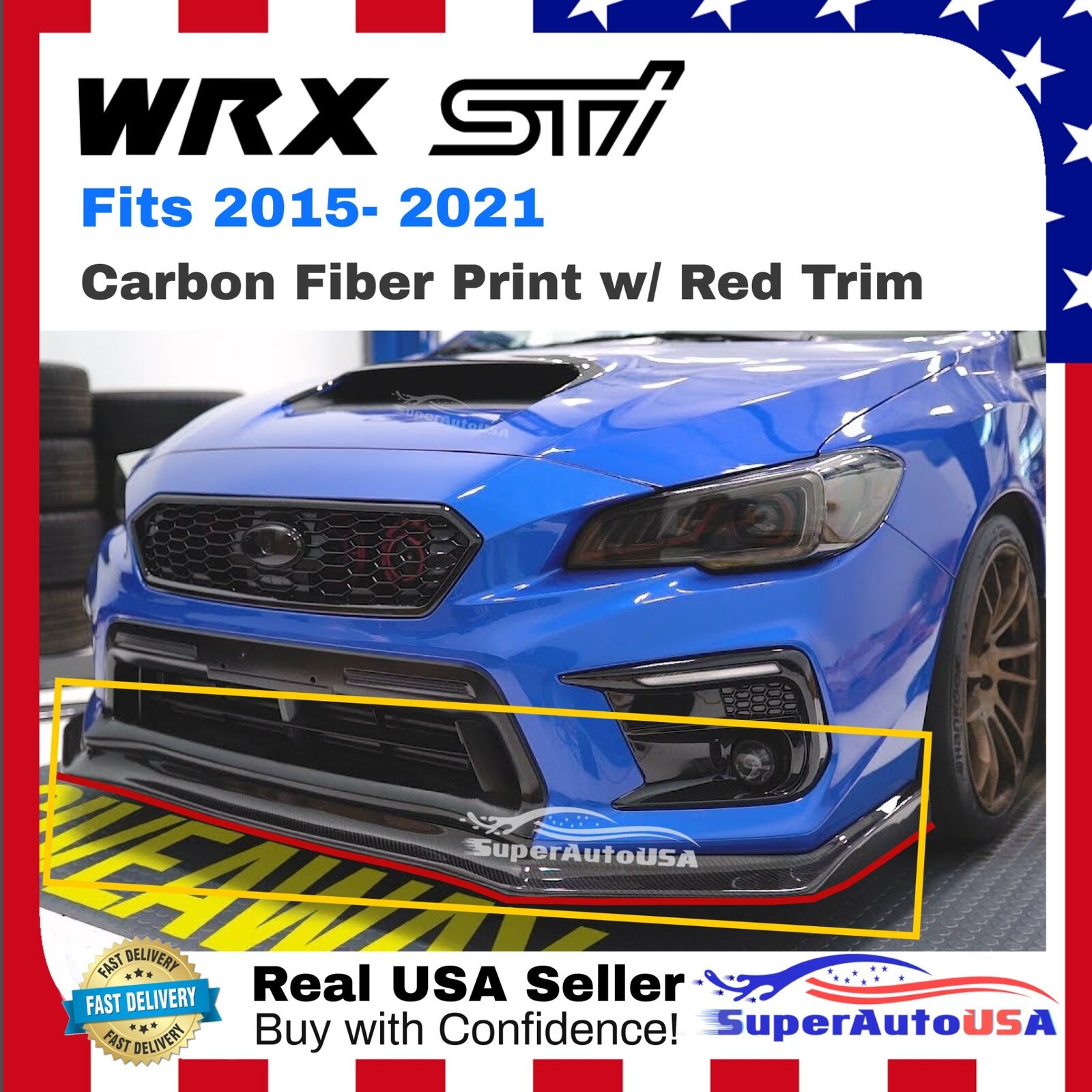 For 2015-21 Subaru WRX STI Carbon Fiber Red Trim Front Bumper Body Lip Spoiler