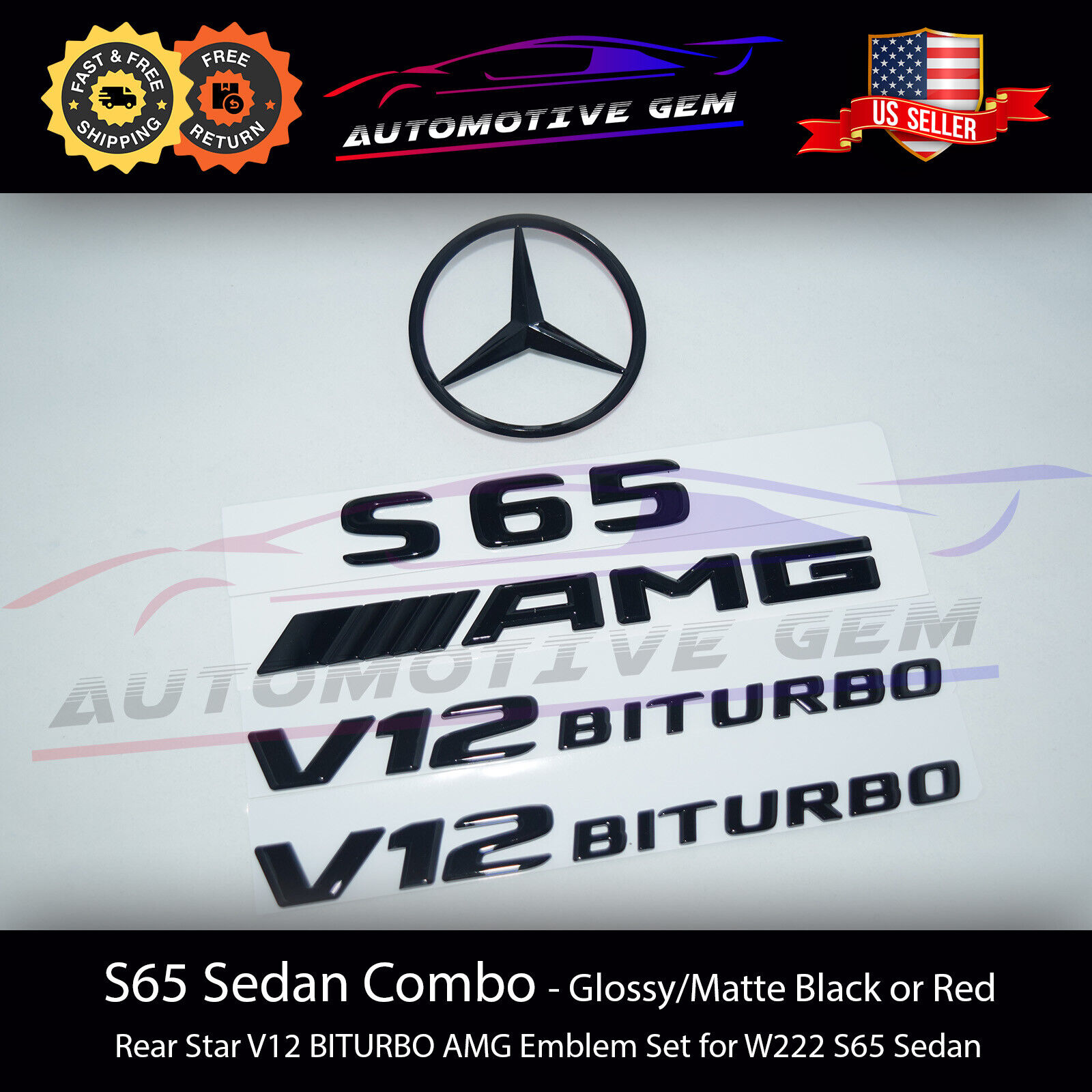 S65 SEDAN AMG V12 BITURBO Rear Star Emblem Black Badge Combo Set Mercedes W222