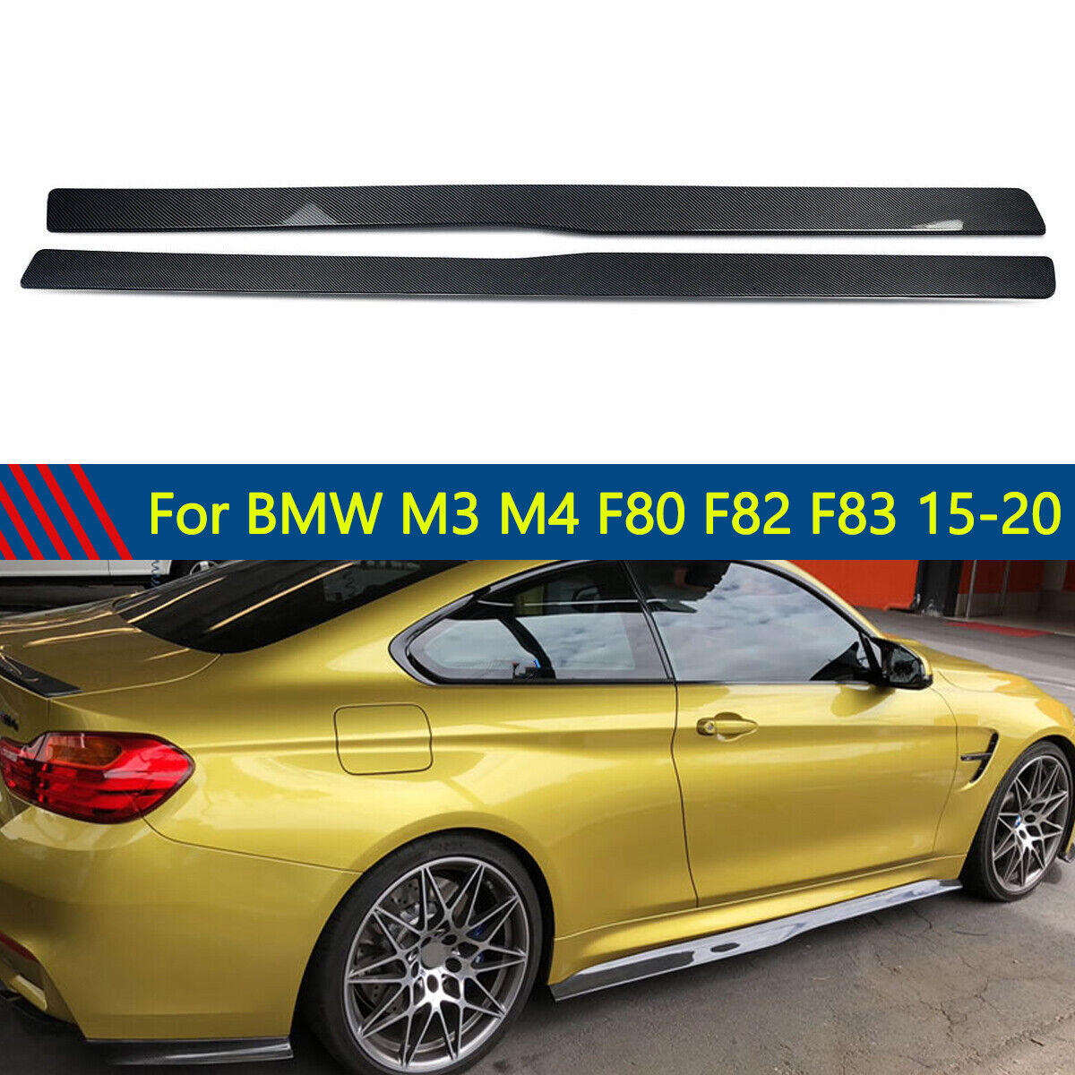 For BMW F80 M3 F82 M4 M Sport 2015-20 Side Skirts Extension Lip Carbon Look Pair
