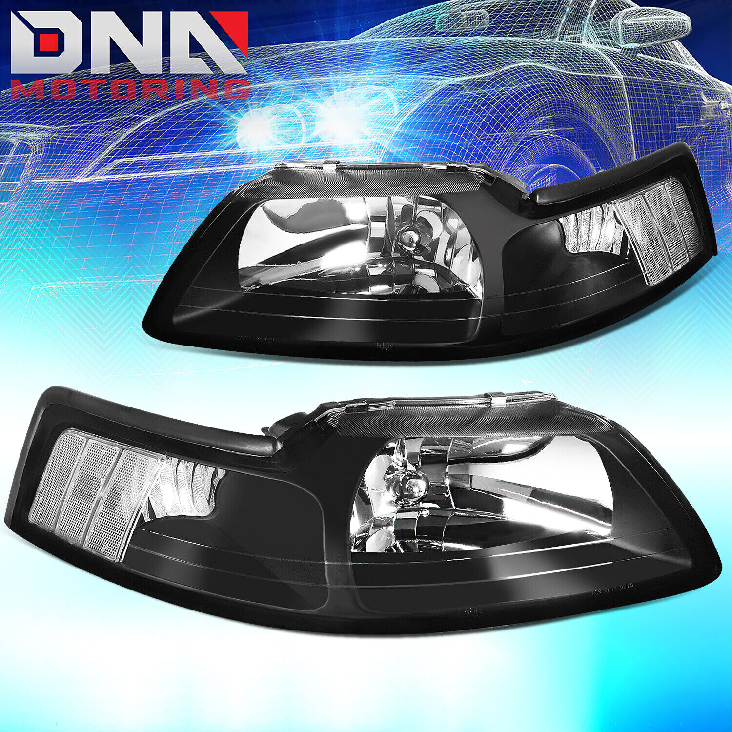 For 1999-2004 Ford Mustang Pair Headlight Headlamps Black Housing Factory Style