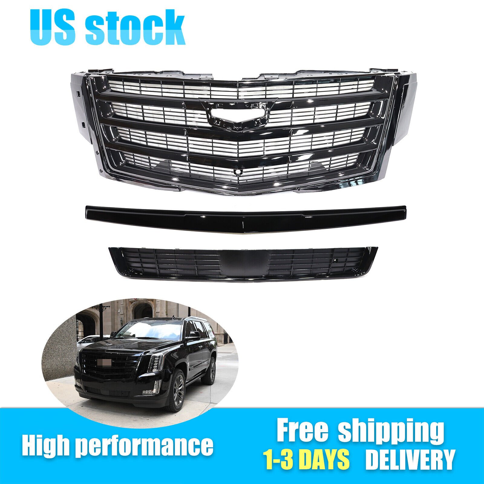 Fits 15-20 Cadillac Escalade Front Bumper Grille & Hood Molding & Lower Face Bar