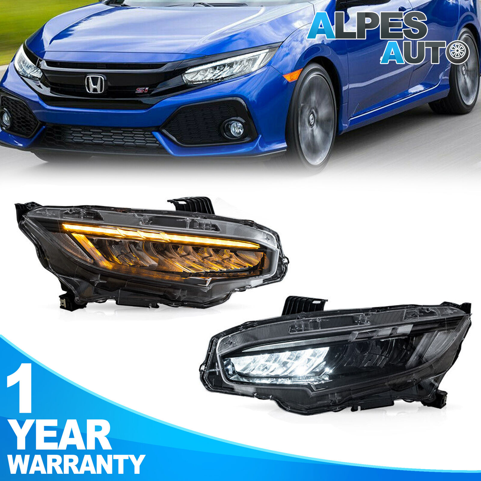 2X LED Reflector Headlights For 16-21 Honda Civic 10th Gen Sedan/Coupe/Hatchback