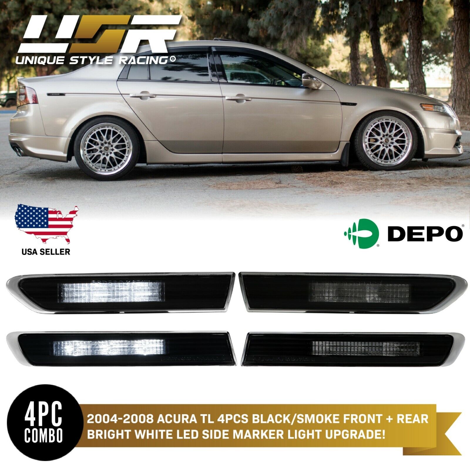 Type S Style 4PCS F + R Smoke White LED Side Marker Lights For 04-08 Acura TL