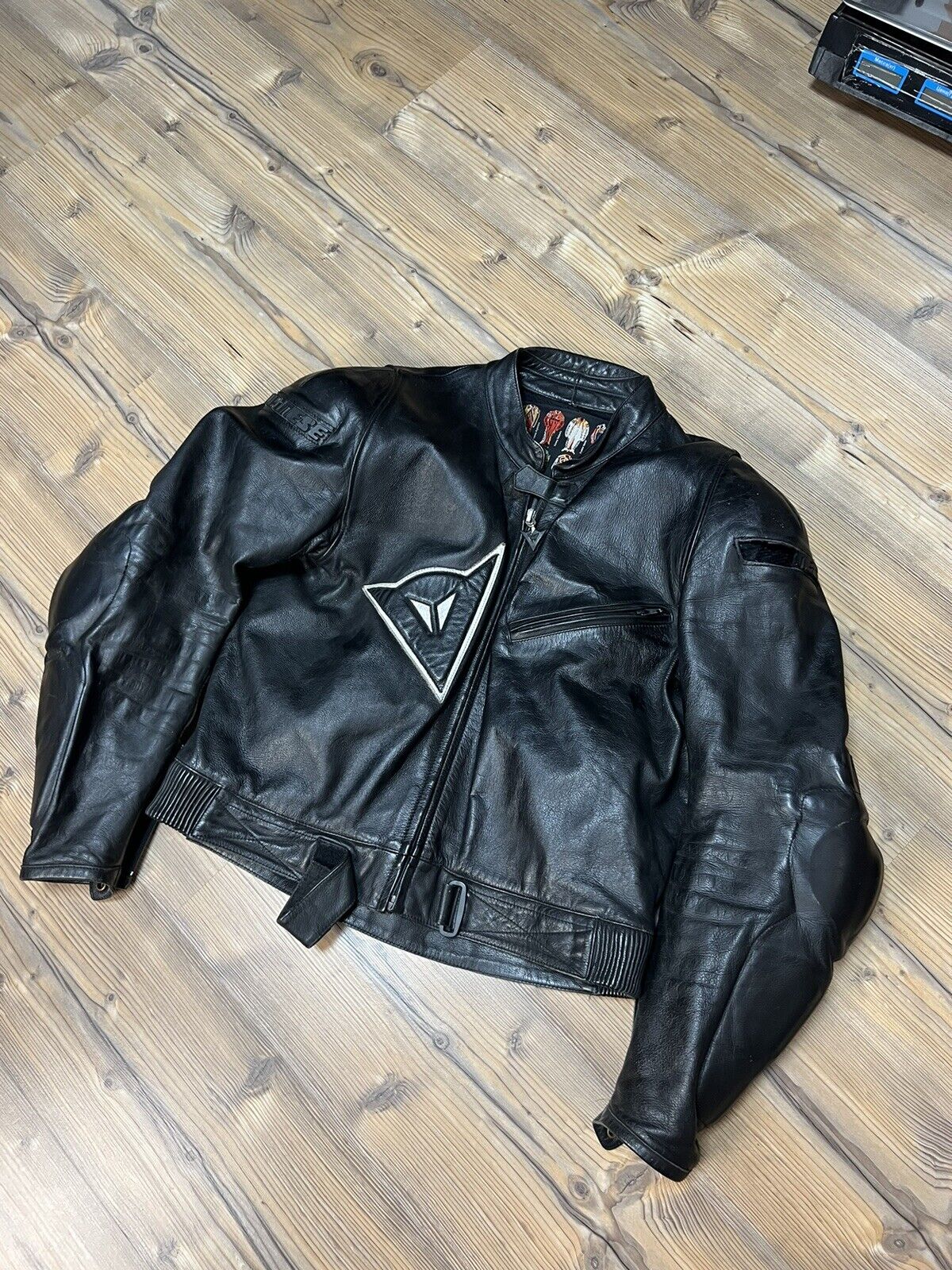 Dainese Vintage Black Leather Big Logo Motorcycle Jacket Size 54
