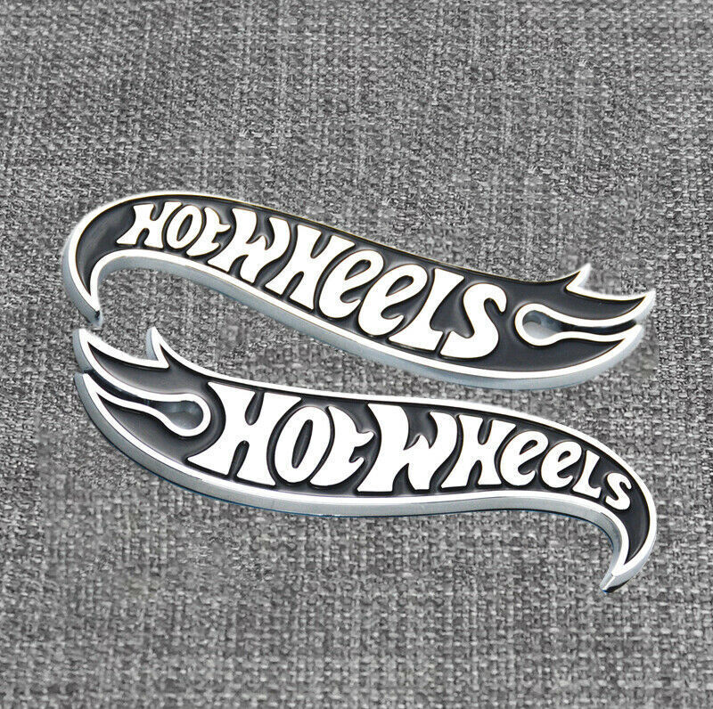 Pair Silver Black Hot Wheels Side Fender Lid Hood Badge Hotwheels Decal Emblem