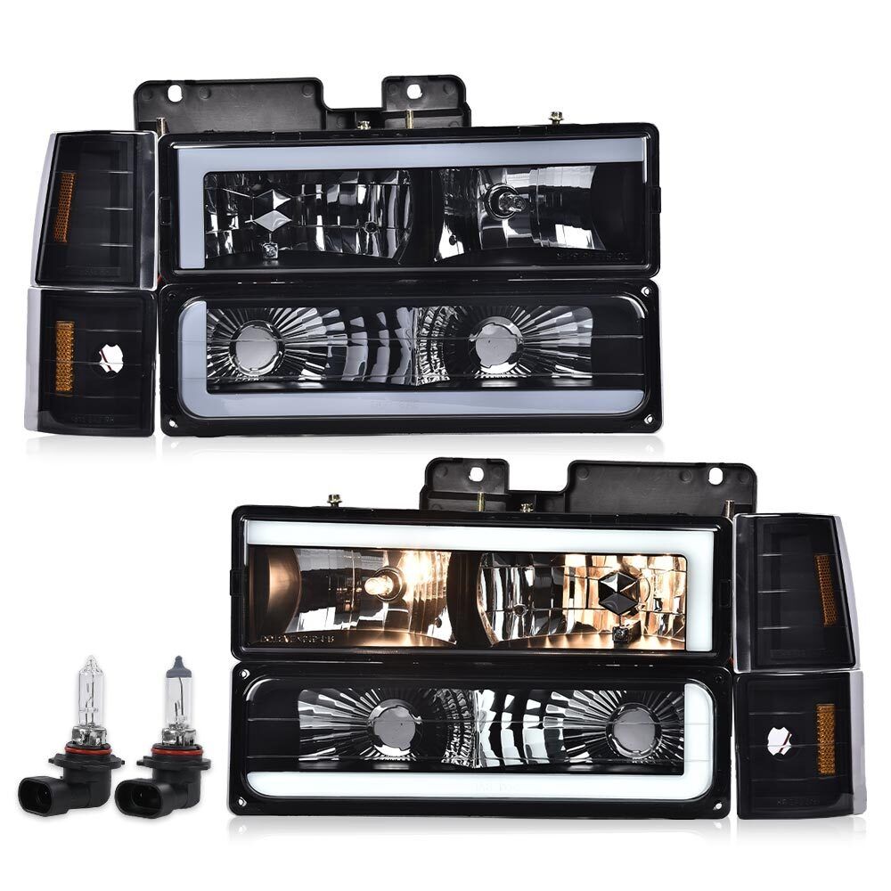 Fit  For 88-98 GMC Sierra C/K Silverado Black/Smoked LED Tube Headlights Lamps