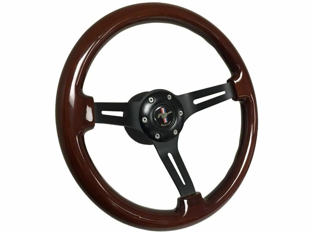 1968-78 Mustang Mahogany Wood Steering Wheel Kit Black Pony Emblem NEW 