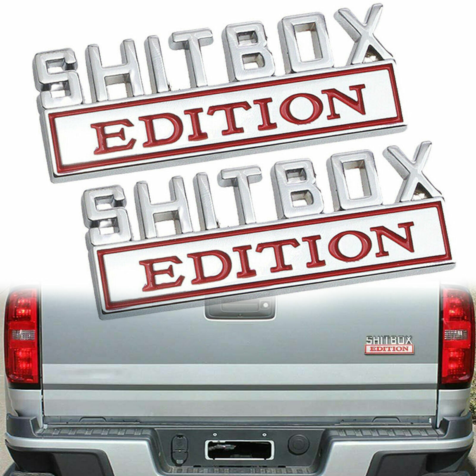 2Pcs SHITBOX EDITION 3D Red&Silver Emblem Decal Badge Stickers For Universal Car