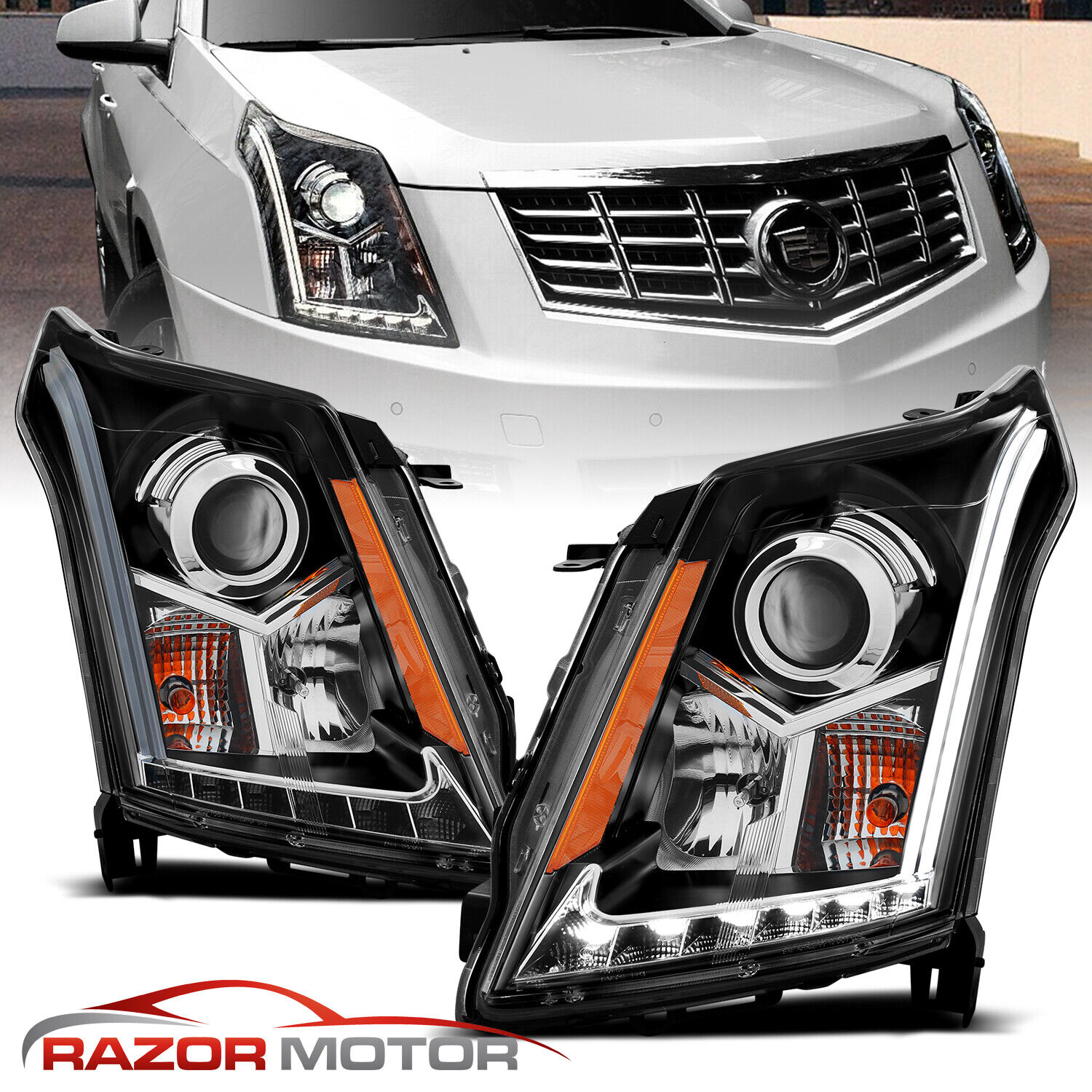 2010-2016 LED Bar Neon Bar Projector Black Headlights Pair For Cadillac SRX SUV