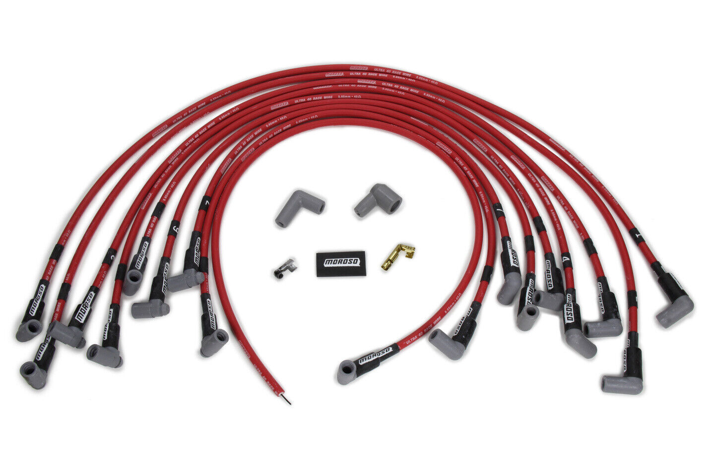 Moroso 73689 Plug Wire Set Ultra 40 Race 8.65mm Red, HEI 90deg for BBC, Under