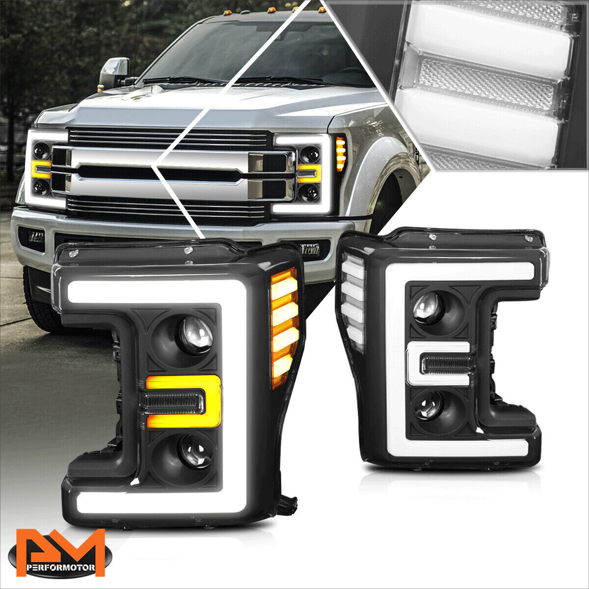 For 17-19 Ford Super Duty 3D LED DRL Dual Projector Headlight/Lamp Black/Clear