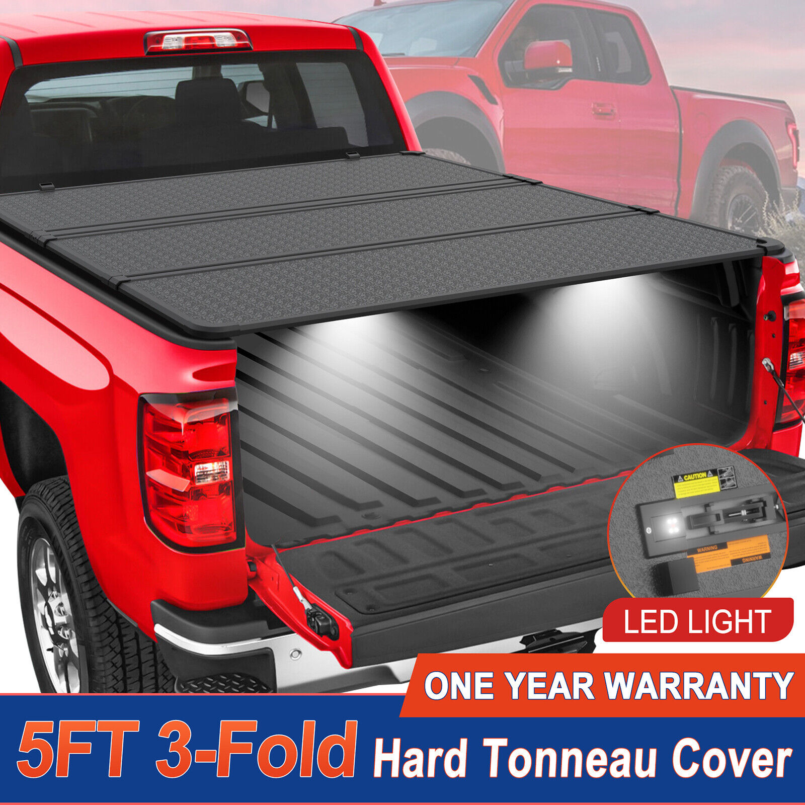 5FT Hard Fold 3-Fold Truck Bed Tonneau Cover For 2016-2024 Toyota Tacoma W/ Lamp