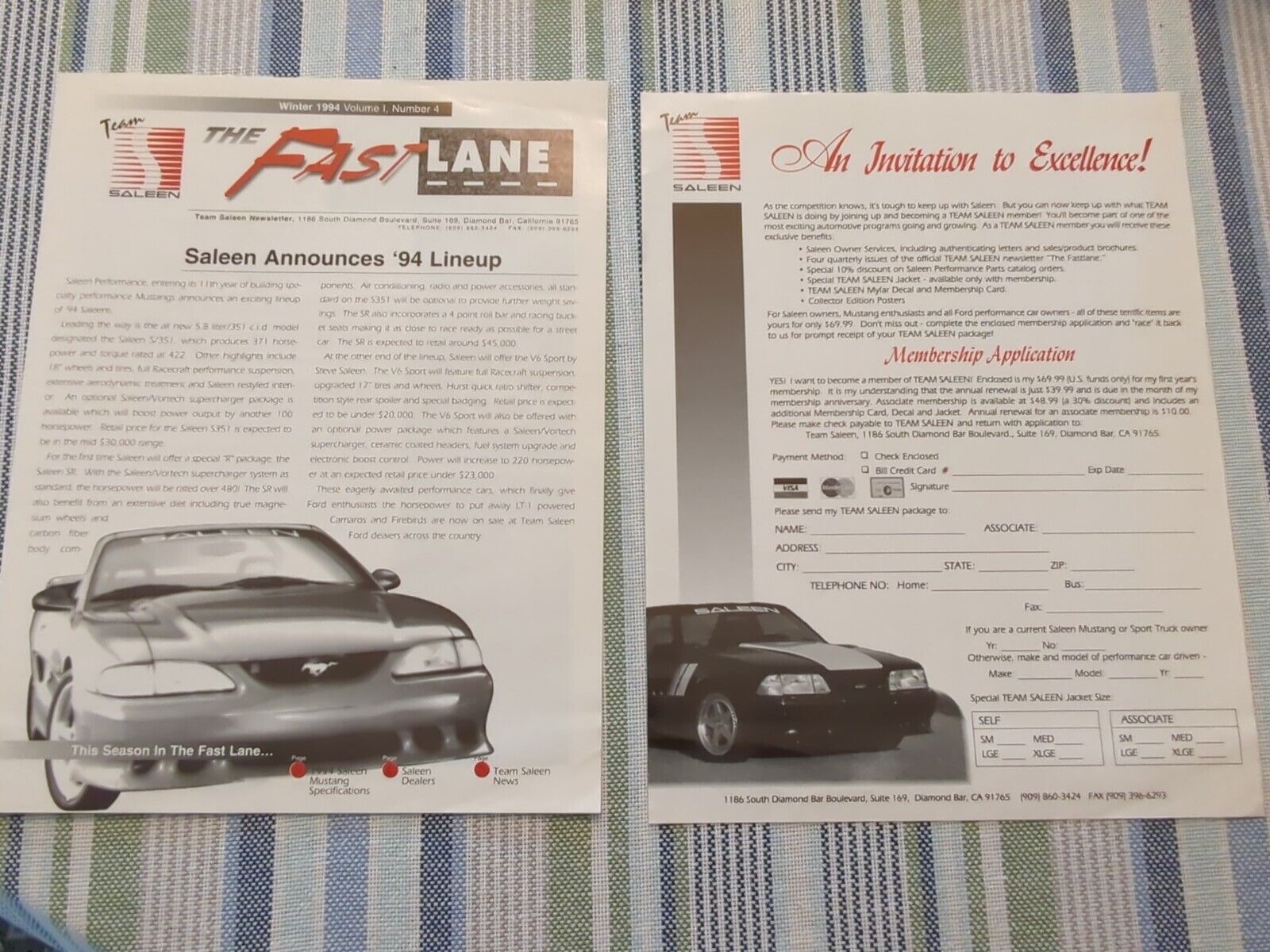 Team Saleen Mustang S351 1994 Fast Lane Newsletter Brochure Literature Catalog 