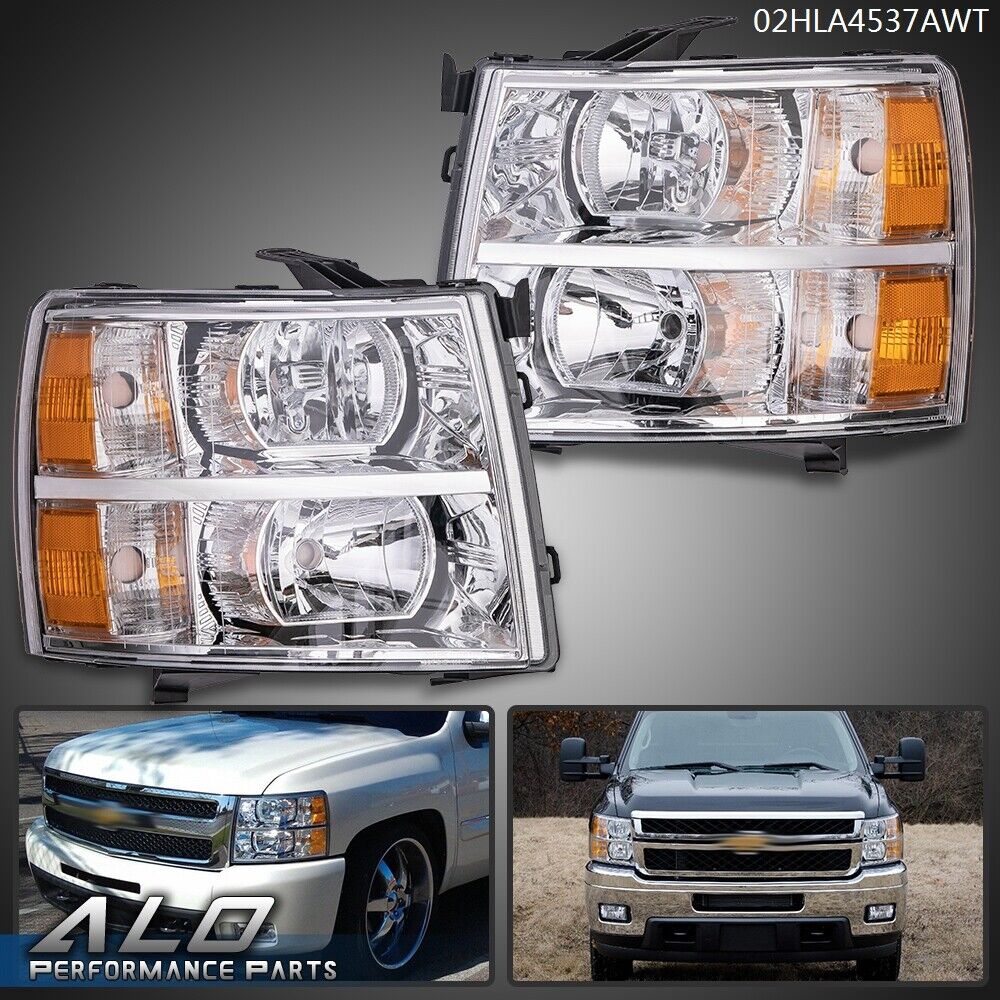 Fit For 07-13 Chevy Silverado 1500/2500/3500 Amber Headlights Chrome Replacement