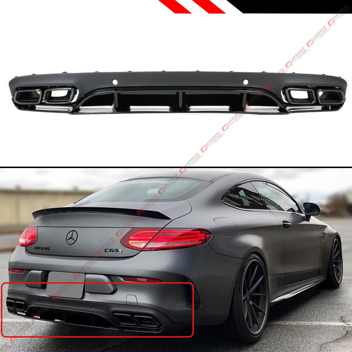FOR 17-21 W205 2DR COUPE C63 EDITION 1 STYLE BUMPER DIFFUSER+BLACK EXHAUST TIPS