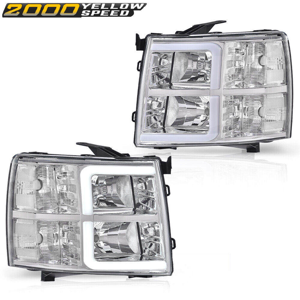 LED DRL Tube Headlights Chrome/Clear Fit For 2007-2013 Chevy Silverado